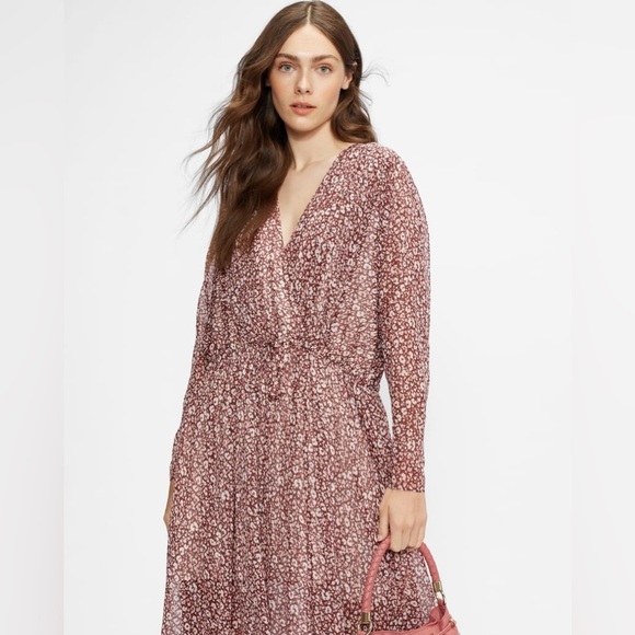 Ted Baker London Draped V-Neck Long Sleeve Animal Print Midi Dress NWT - Picture 2 of 6